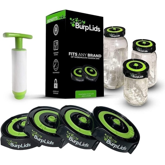 Brand New 4-Pack Burp Lids Curing Kit Wide Mouth Mason Jars Vacuum Seal w/ Pump - Picture 1 of 14